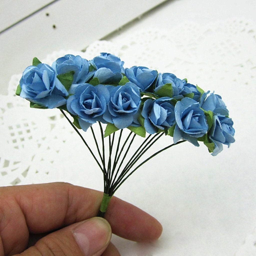 Mini Fake Rose Flower Heads 144pcs Mini Artificial Mulberry Paper Roses Flower with Wire Stem DIY Wedding Flowers Accessories Make Bridal Hair Clips Headbands Dress (Turquoise Blue)