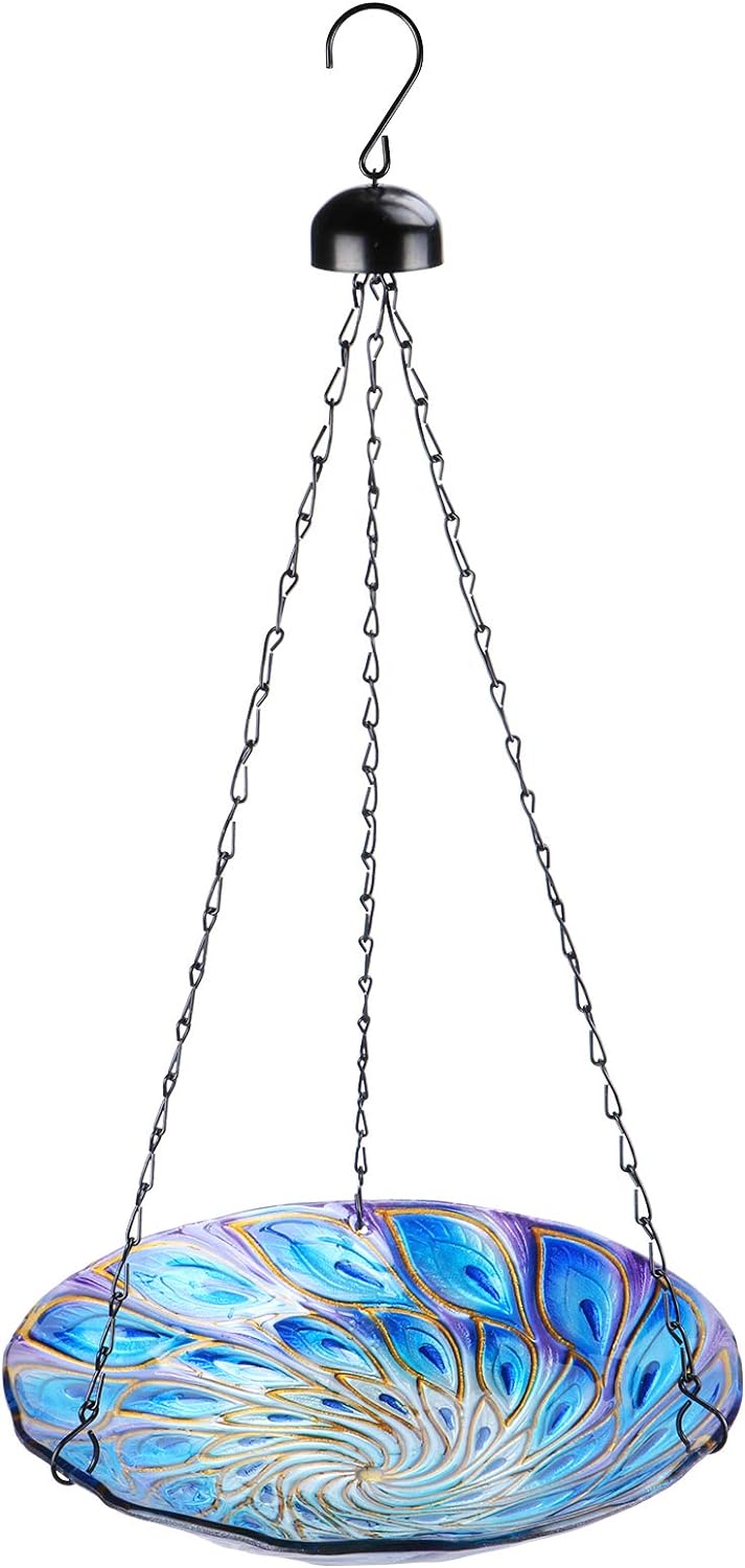 VCUTEKA Hanging Bird Baths Outdoor Glass Peacock Birdbath Birdfeeder for Garden Yard Decoration