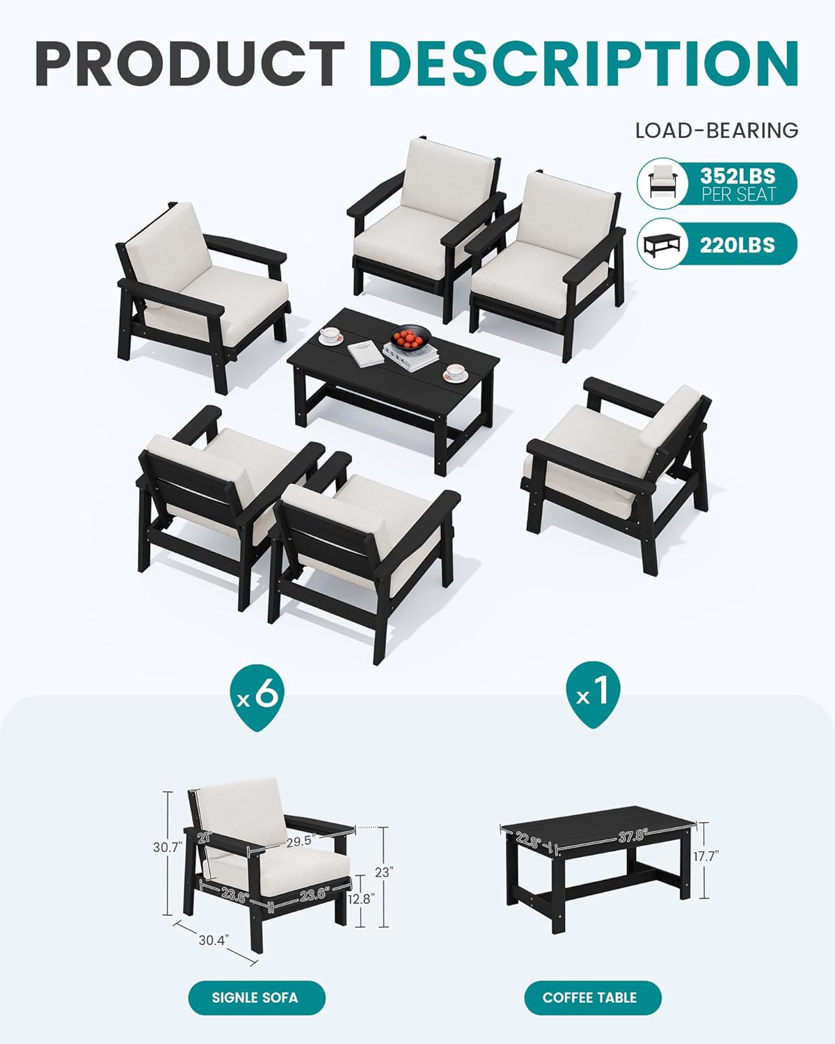 SERWALL Patio Conversation Sets, 7 Piece, Black Frame with Khaki Cushions