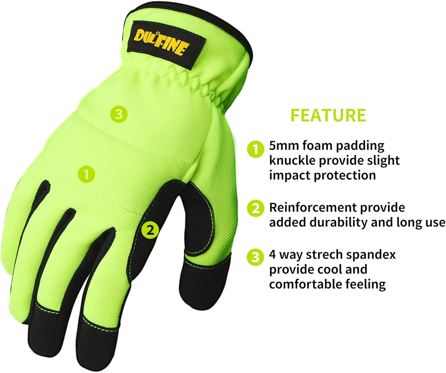 DULFINE High Performance Work Gloves For Men(3 Pairs Pack),Hi-Vis Yellow Color,High Dexterity Touch Screen For Multipurpose,Excellent Grip (XX-Large)