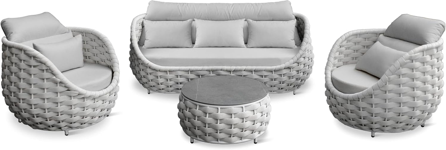 Woven Rope Patio Furniture Set: 4 Pieces Aluminum Outdoor Conversation Sofa Set Assembled - Modern Couch Set Cushioned - All Weather Metal Porch Seating for 5 Person Deck Garden Pool Hotel, Gray