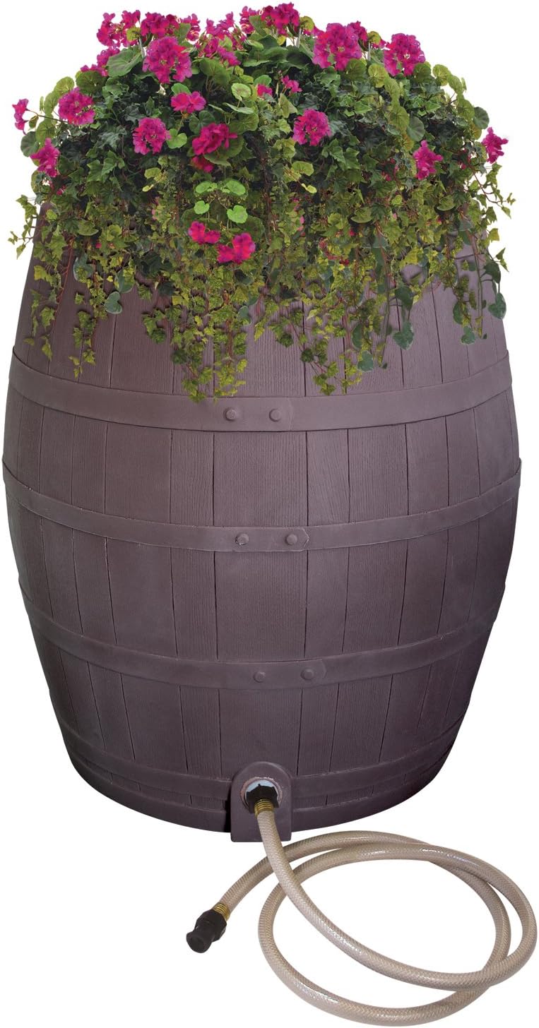 Rescue 50-Gallon Whiskey Rain Barrel – Includes Planter, Rain Water Diverter, Outlet Hose – Flatback Design – Brown