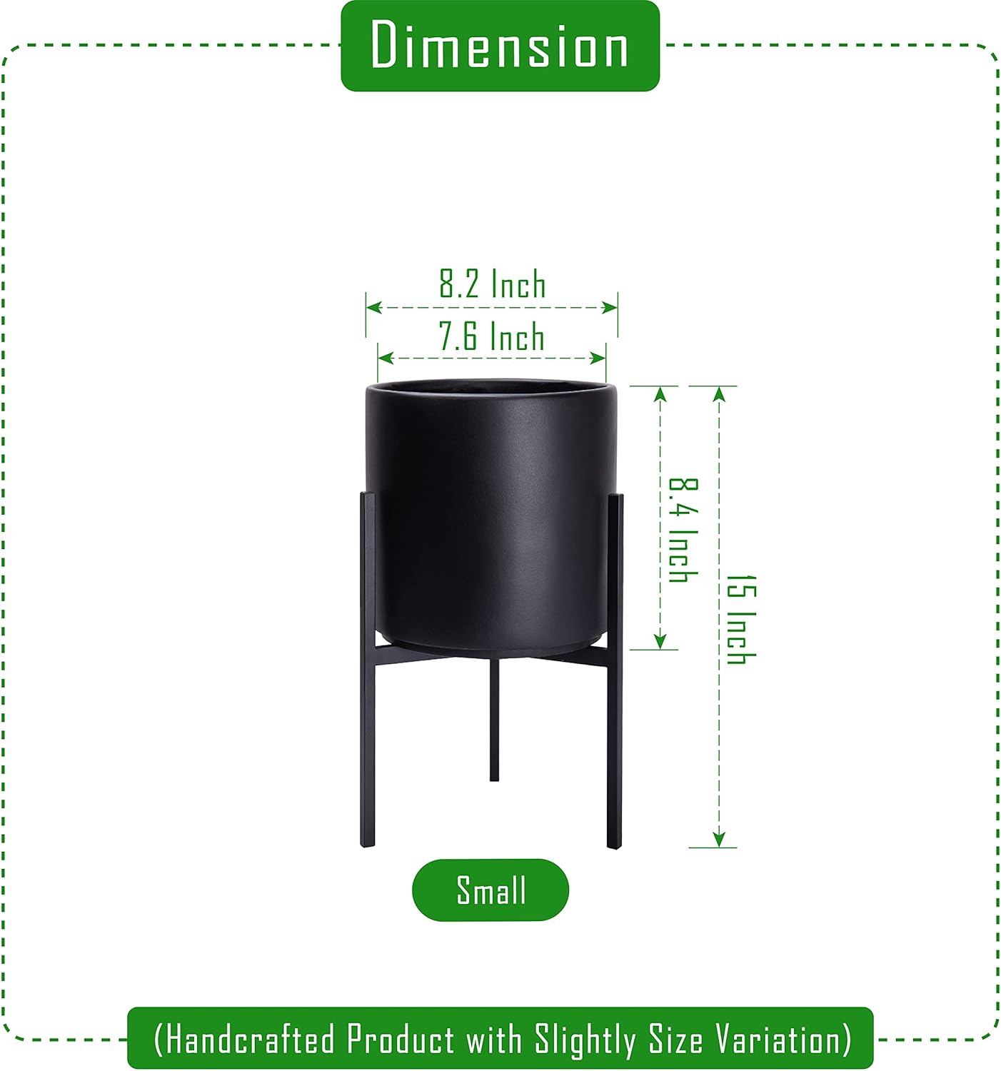D'vine Dev Modern Black Plants Pot Cylinder Planter with Heavy Duty Stand, Small 8 Inch Pot, 12.6 Inch with Stand Height, 96-T-B-1