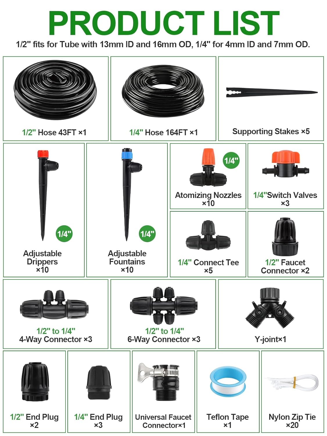 207FT Automatic Drip Irrigation Kits, Kalolary 1/4" 1/2" Adjustable Garden Watering System with 4/7mm 16mm Tube Drip Emitters Locked Fittings Drip Irrigation Parts System for Greenhouse Raised Beds
