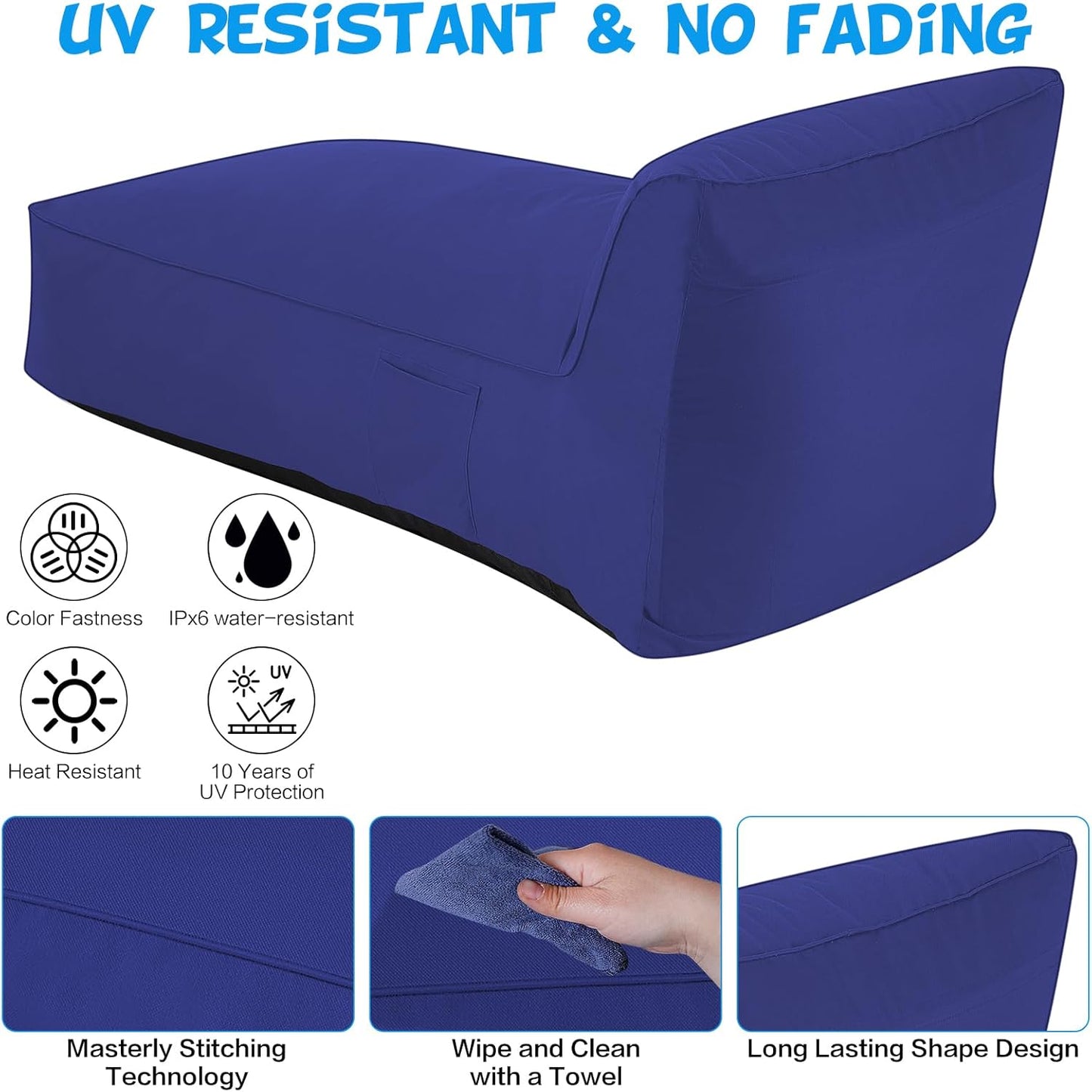 Outdoor Chaise Lounge Chair, Sunbed UV Resistant Sofa Couch Patio Furniture Waterproof Outside Sunlounge Reclining Sunbathing Bed Comfy Single Chaise Daybed for Garden, Pool, Beach, Navy Blue