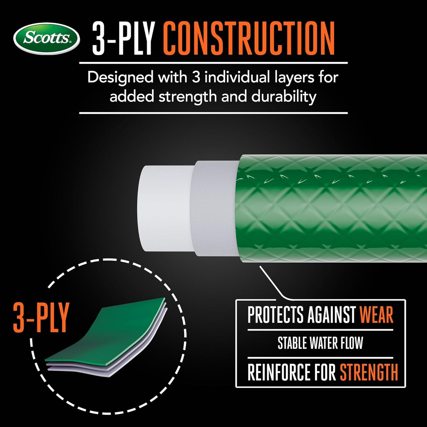 Scotts 50 ft. Light Duty Garden Hose – 5/8 in. Diameter, 3-Ply Construction, 200 PSI, High-Pressure, Easy-to-Coil Water Hose with Crush-Resistant Couplings, Easy to Connect for Lawn and Garden Use