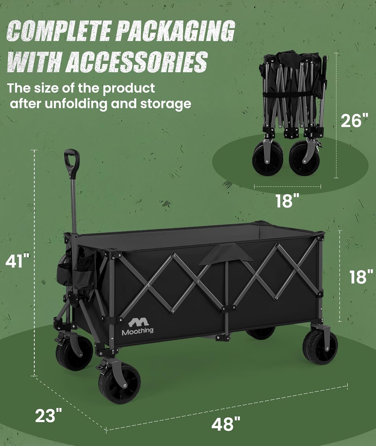 48”L Foldable Wagons Carts Extended, Collapsible Folding Wagon 500lbs Heavy Duty, 320L Large Beach Wagon, Utility Wagon with All Terrain Big Wheels for Sports, Camping, Grocery, Garden, Black