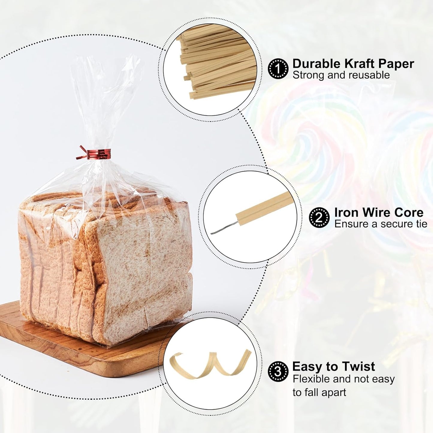 HARFINGTON 1000pcs Bag Twist Ties 3.5" Reusable Kraft Paper Twist Ties Wire Cable Ties for Party Bread Candy Cake, Wood Tone