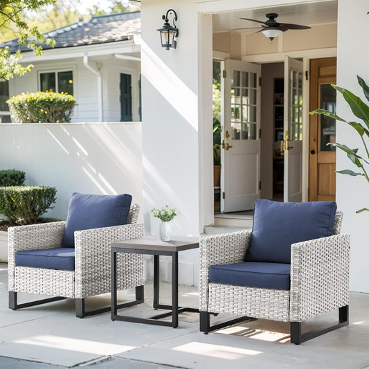 HUMMUH 3PCS Outdoor Chairs PE Wicker Patio Chairs and Side Table Metal Frame Porch Chairs with 4 inch Seat Blue Cushions