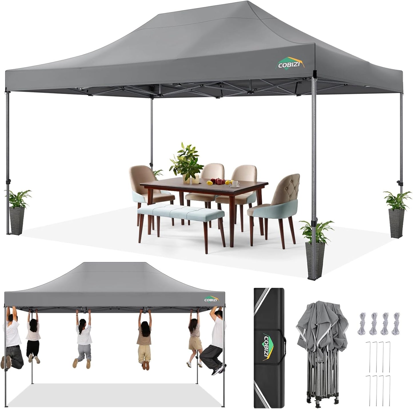 COBIZI 10x15 FT Pop up Canopy Tent,Heavy Duty Easy Up Commercial Outdoor Party Canopy Tents for Wedding Parties All Season Wind & Waterproof Gazebo with Carry Bag,Gray(Frame Thickened)