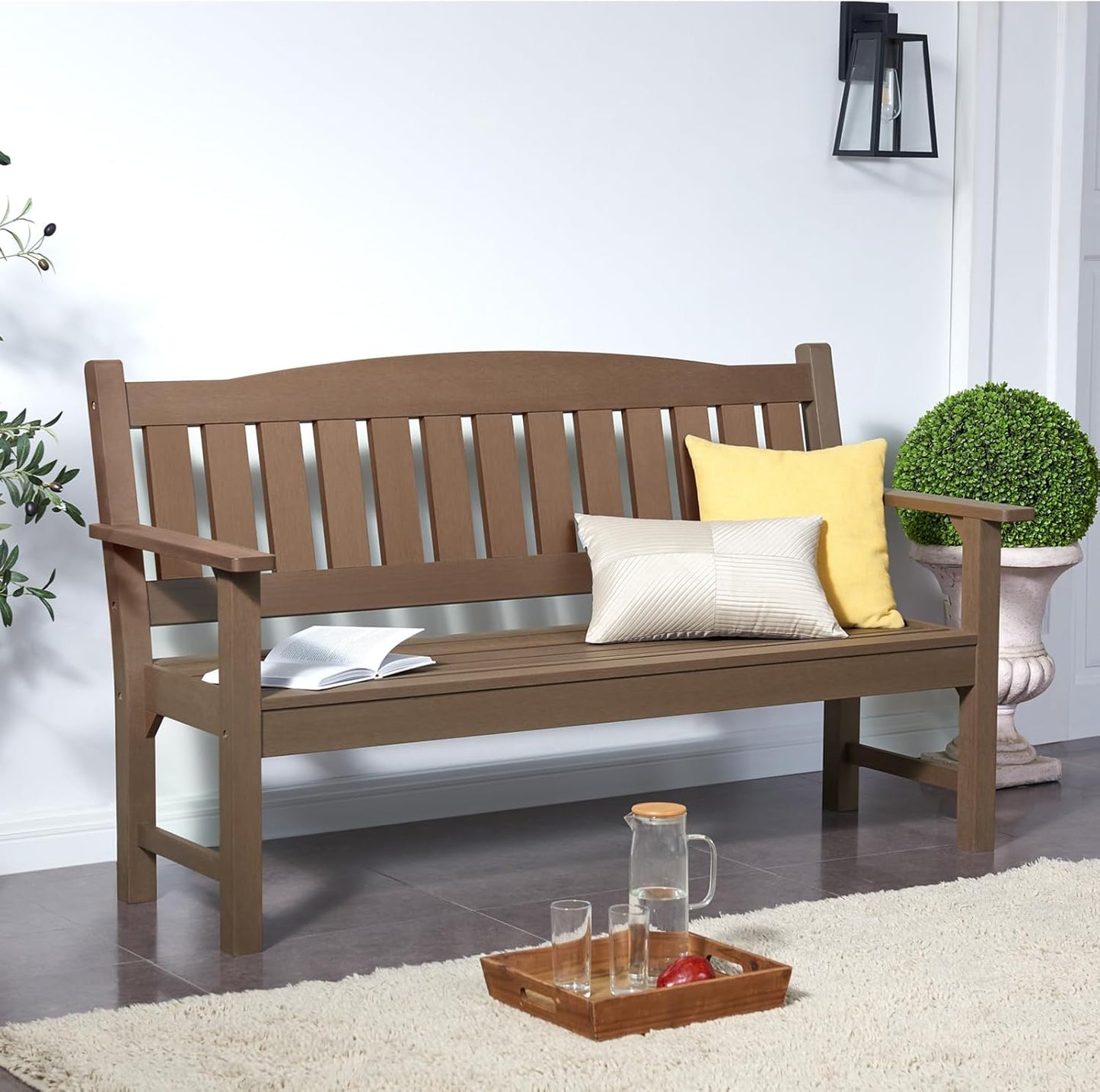 Psilvam 3-Person Outdoor Memorial Bench, All-Weather Poly Lumber Garden Bench, Rot-Resistant Outdoor Patio Bench for Park,Porch,and Church(Brown)