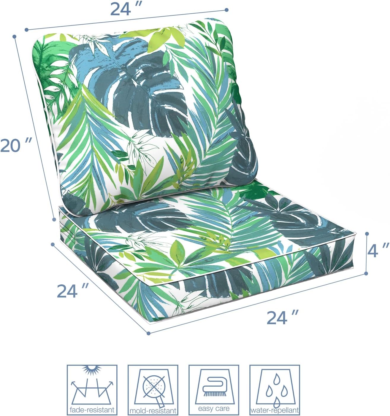 LVTXIII Outdoor Deep Seat Cushion Patio Seat and Back Cushion Set Seasonal Chair Cushion with Removable Cover and Adjustable Buckle for Home and Garden, 24"x24"x4", Islamorada Blue Green