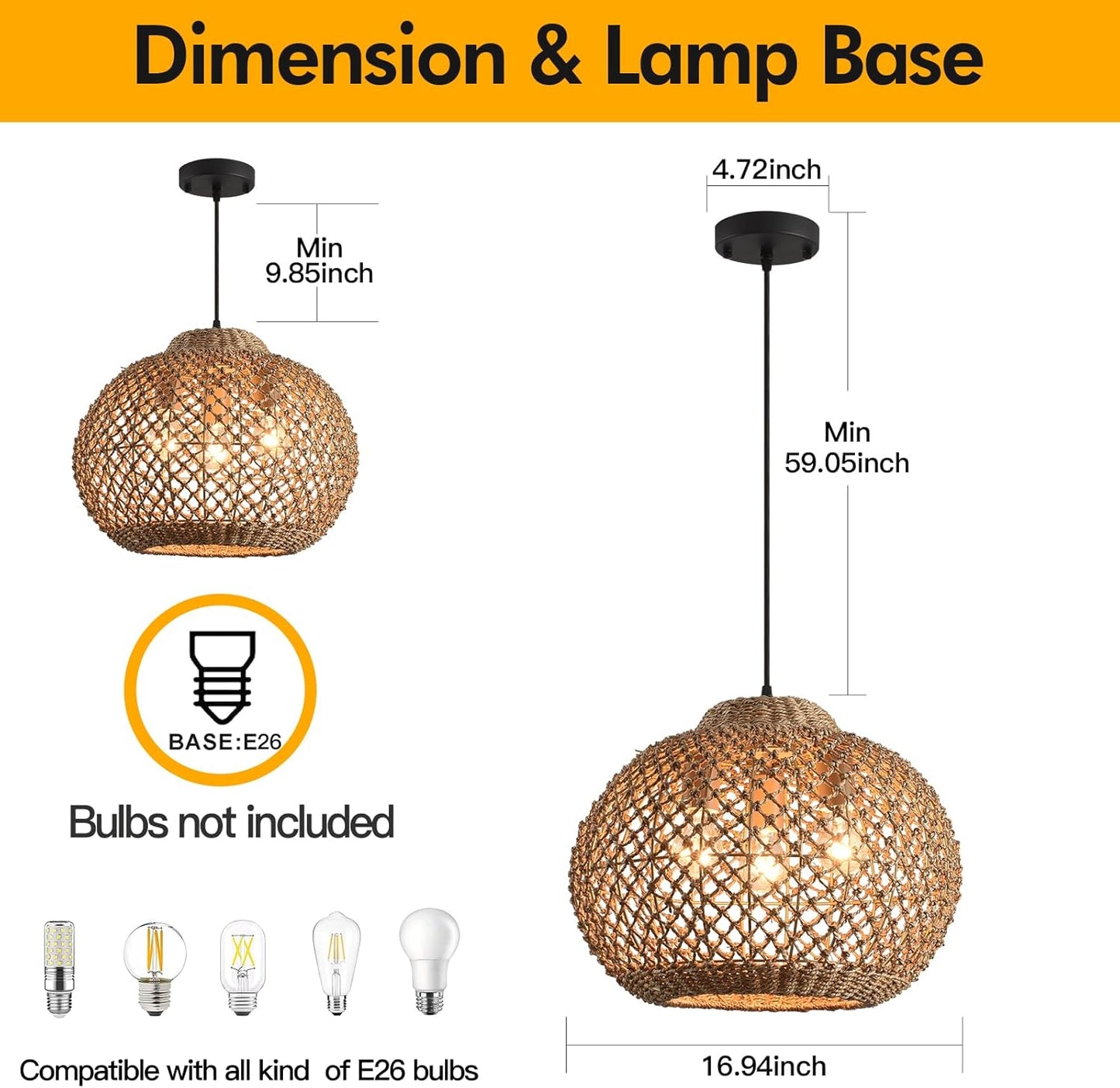 16.94" Rattan Pendant Light,Boho Wicker Chandelier Woven Water Plants, of Kitchen Island Farmhouse Dining Room,Entryway Foyer