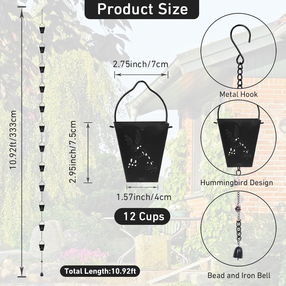10.92 FT Black Rain Chain, Square Rain Chain for Outside with 12 Cups Adjustable Metal Chain Rain Catcher Chain for Gutters, Eaves, Drainage, Replacement for Downpout