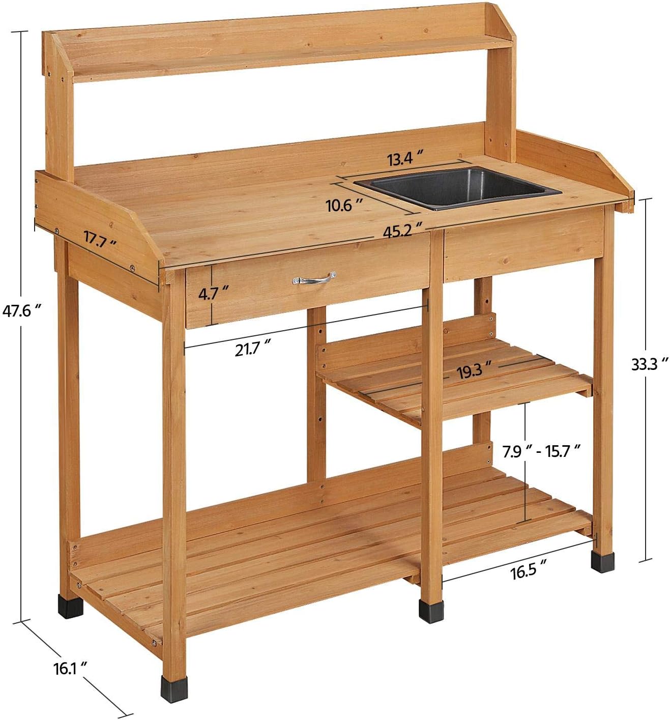 Yaheetech Potting Bench Outdoor Garden Work Bench Station Planting Solid Wood Construction for Horticulture w/Sink Drawer Rack Shelves Natural Wood