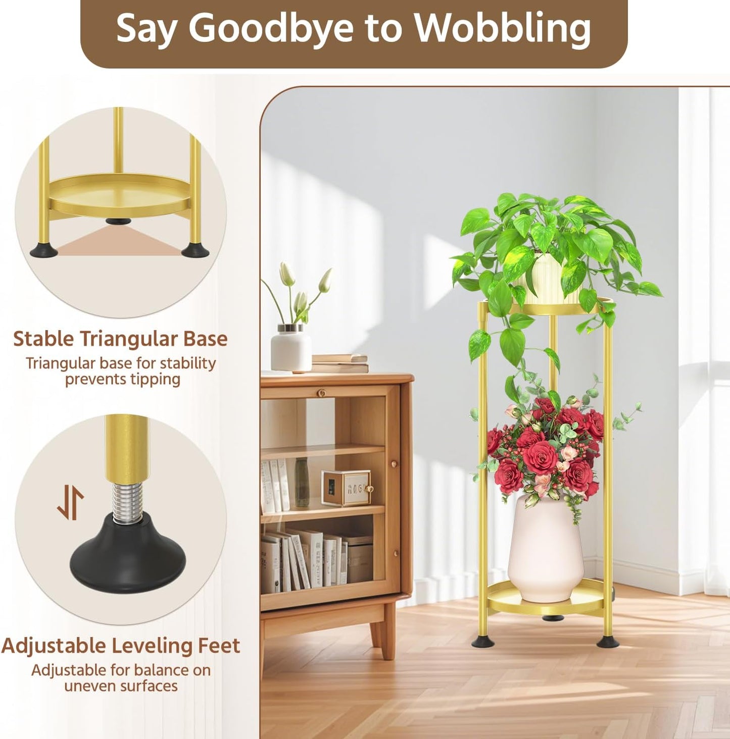 LASZOLA 2 Tier Gold Plant Stand Indoor for Large Tall Heavy Duty Flower Planter, Metal Vertical Multi Level Rack for Narrow Floor Corner, Sturdy Round Holder Organizer, Modern, Mid Century, Farmhouse