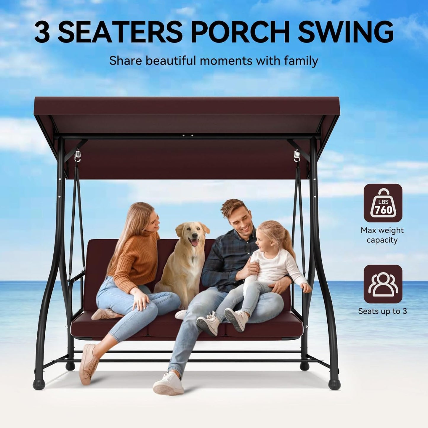 3-Seat Outdoor Patio Swing Glider - Heavy Duty Steel Frame with Adjustable Canopy & Removable Cushions - All Weather Porch Swings Chair for Backyard, Garden, Poolside - Brown