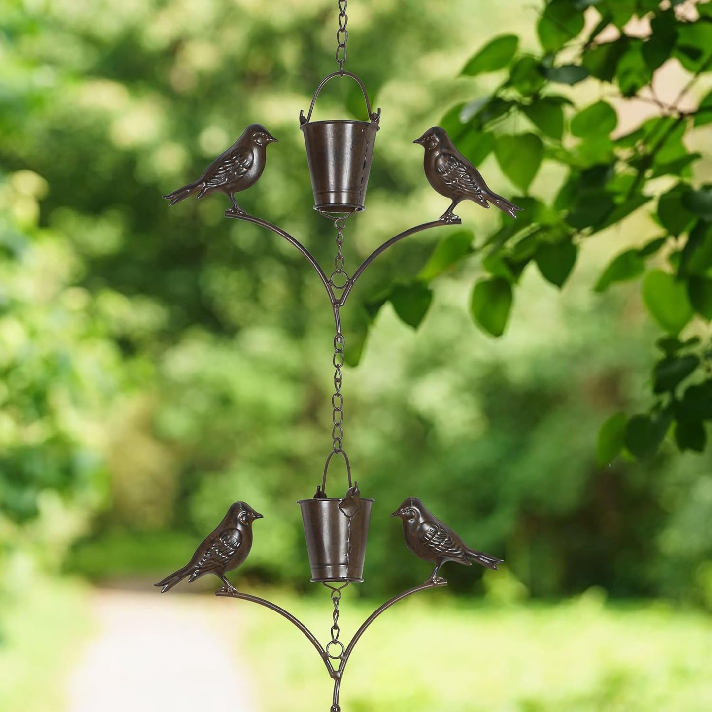 Metal Rain Chain Decoration 6.3FT., Rain Catcher Metal Chain Gutter Downspout 76'' for House Eaves, Garden & Home, Birds & Buckets Shape Rain Chains