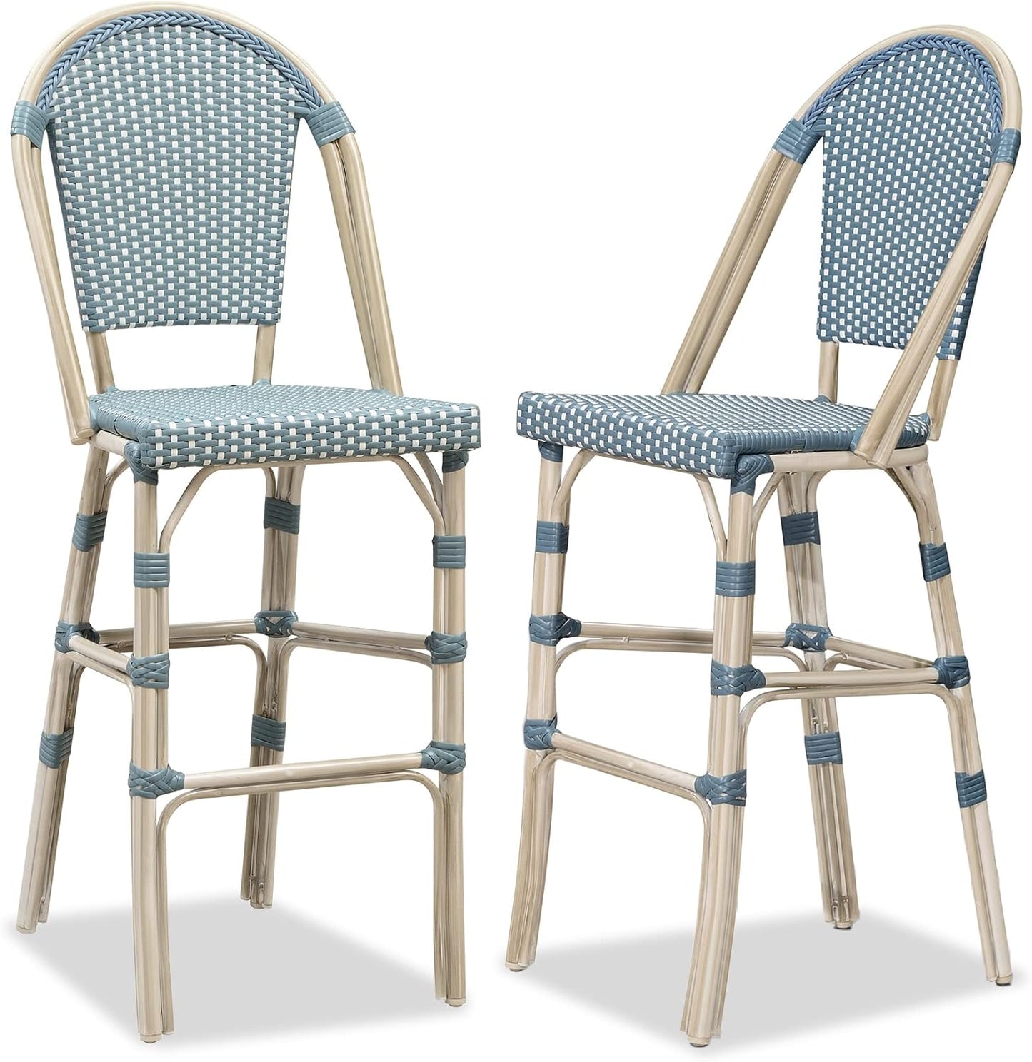 PURPLE LEAF French Bar Stool Set of 2 White Print Finish Patio Bar Stools with Back Rattan Chairs Wicker Bar Height Stool 30" with Footrest Kitchen Island Stools Outdoor Barstool Light Blue