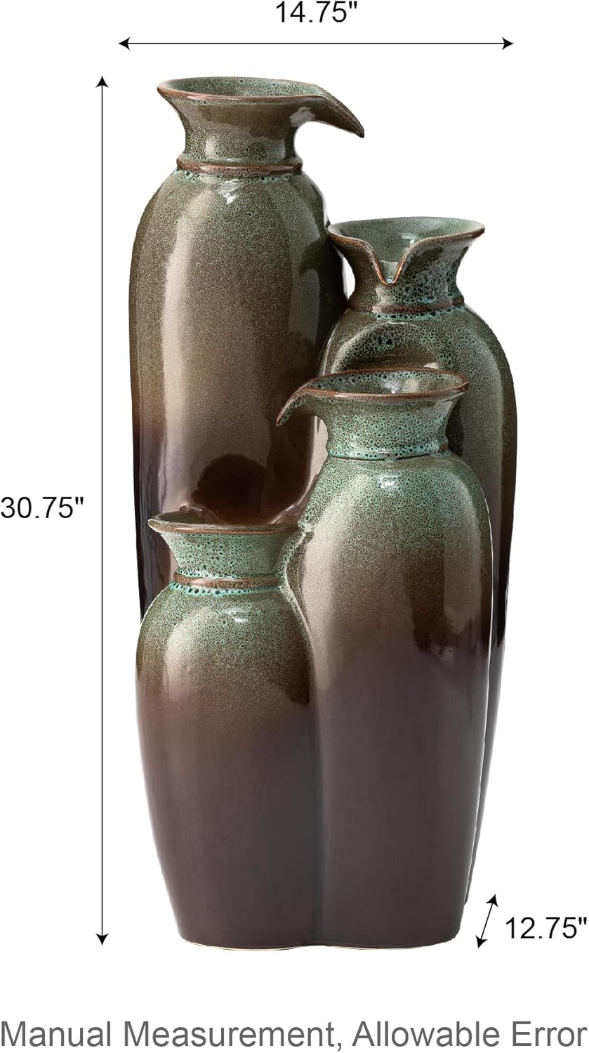 Glitzhome 30.75" H Vase Ceramic Outdoor Water Fountain with LED Lights and Pump, 4-Tier Olive Green and Brown Reactive Glaze Cascading Pots Standing Fountain for Porch Deck Garden Patio Backyard