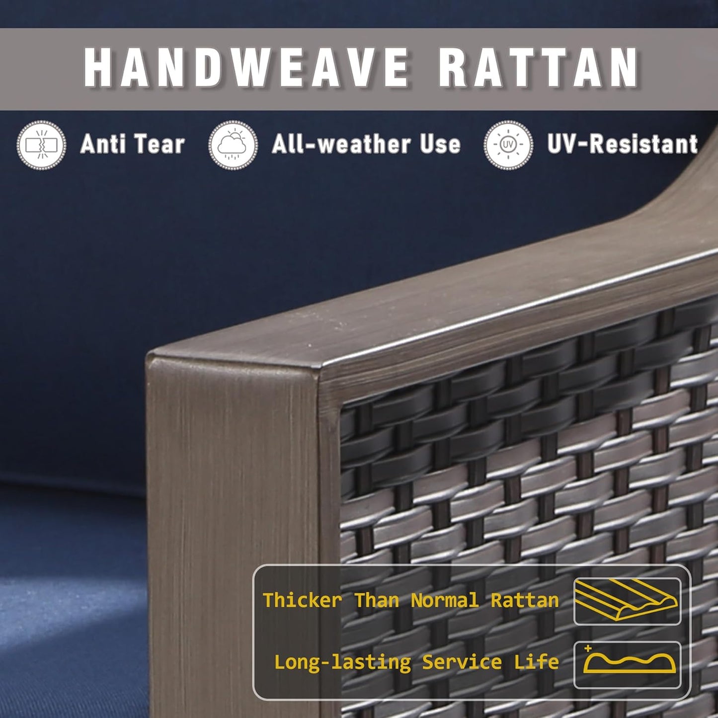 3 Piece Wicker Patio Conversation Set, All-Weather Use Outdoor Wicker Sofa with 2 PE Rattan Swivel Chair, Removable Water-Resistant Cushion, Ideal for Porch, Backyard, Balcony, Poolside, Blue