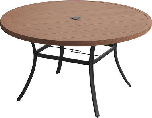 VICLLAX 60" Outdoor Round Patio Table for Lawn Garden, All Weather Metal Round Patio Dining Table with Adjustable Umbrella Hole, Oudoor Table for 8-10 Person, Walnut Wood-Like Tabletop
