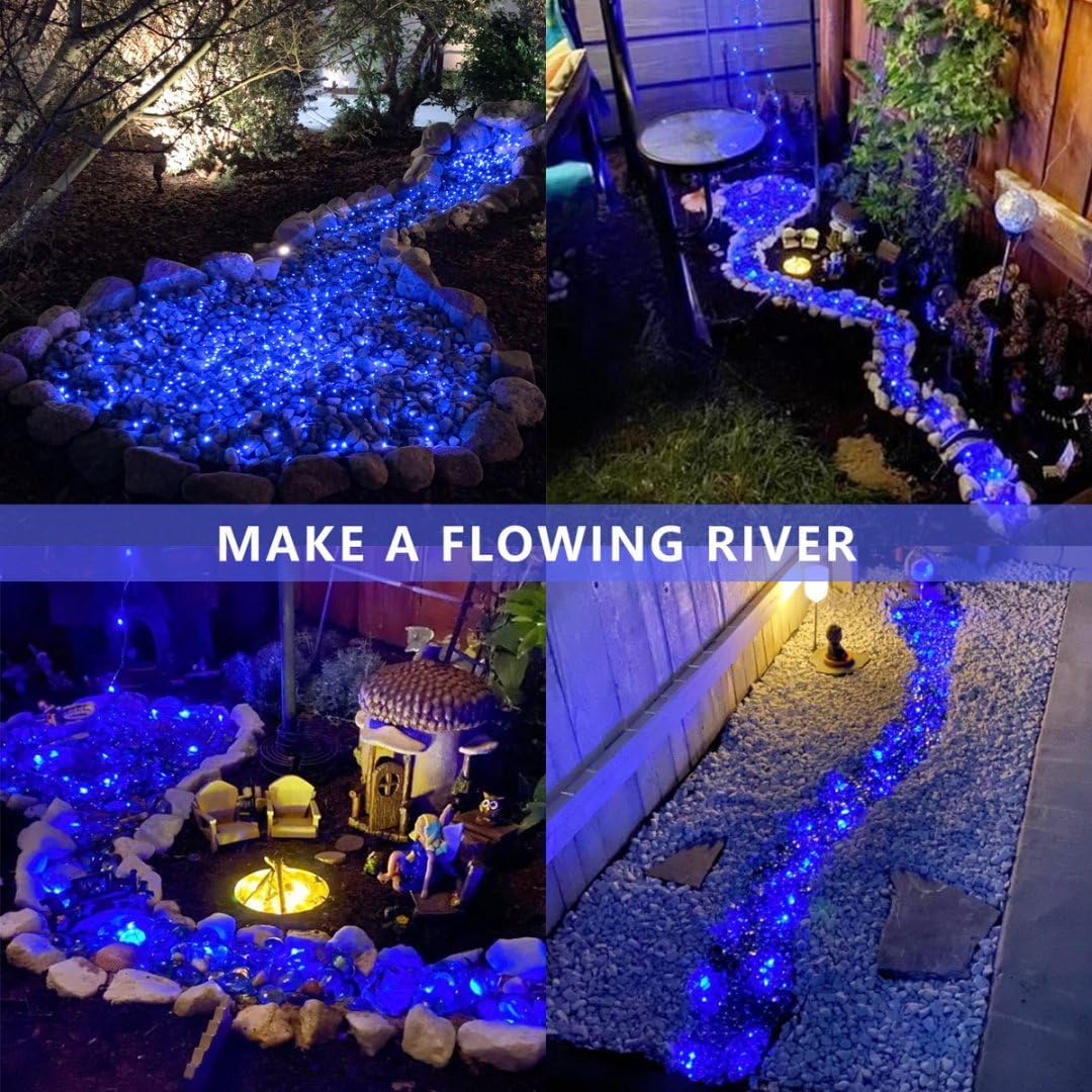 QITONG Blue Solar Fairy Lights Outdoor Waterproof, 2 Pack Each 66ft 200 LED Solar String Lights, 8 Modes Silver Wire Christmas Twinkle Mini Lights