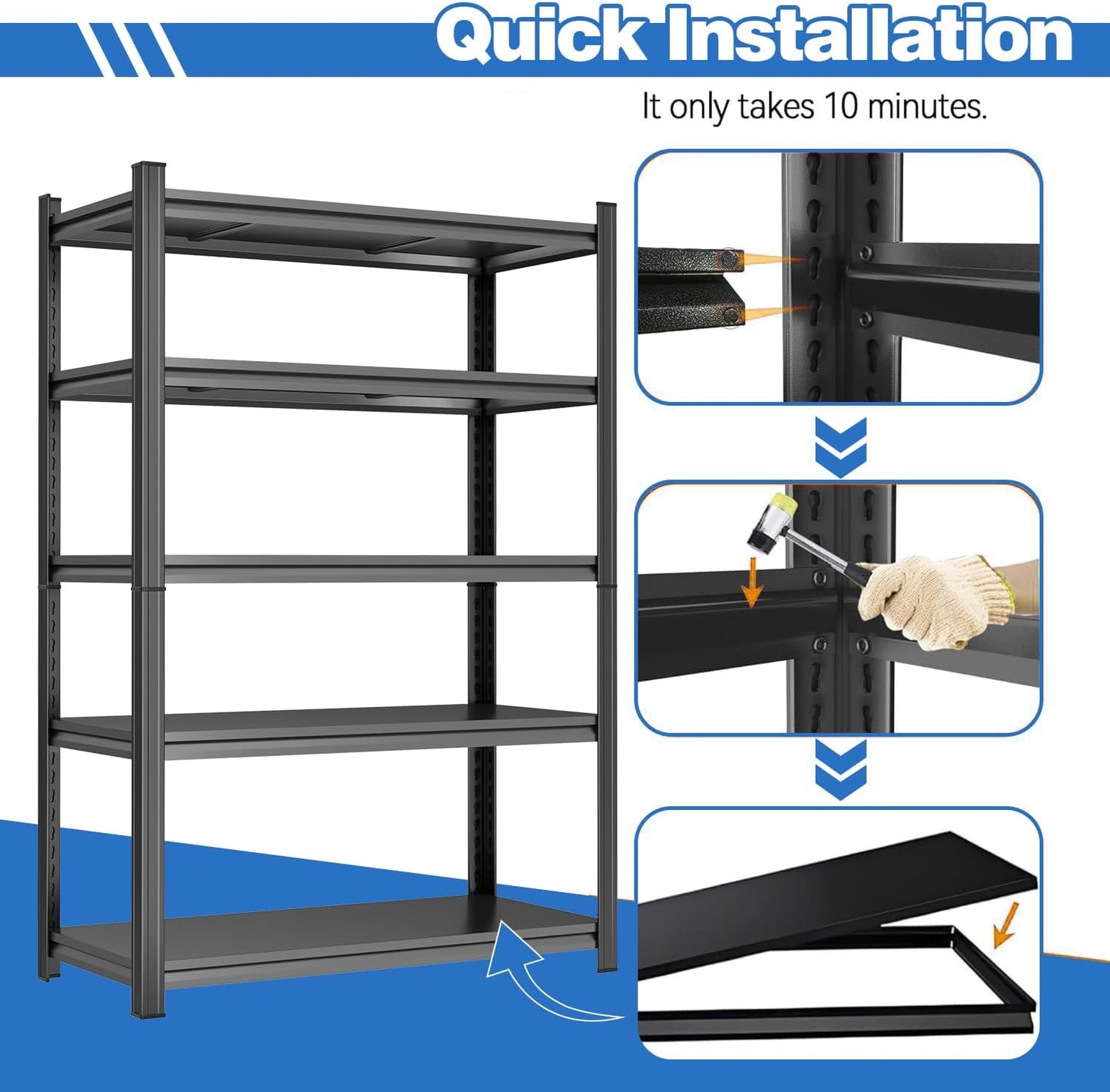 Garage Shelving Metal Storage Shelves 3000LBS 5-Tier Shelving Units Heavy Duty for Basement, Commercial, Warehouse, Industrial, Black