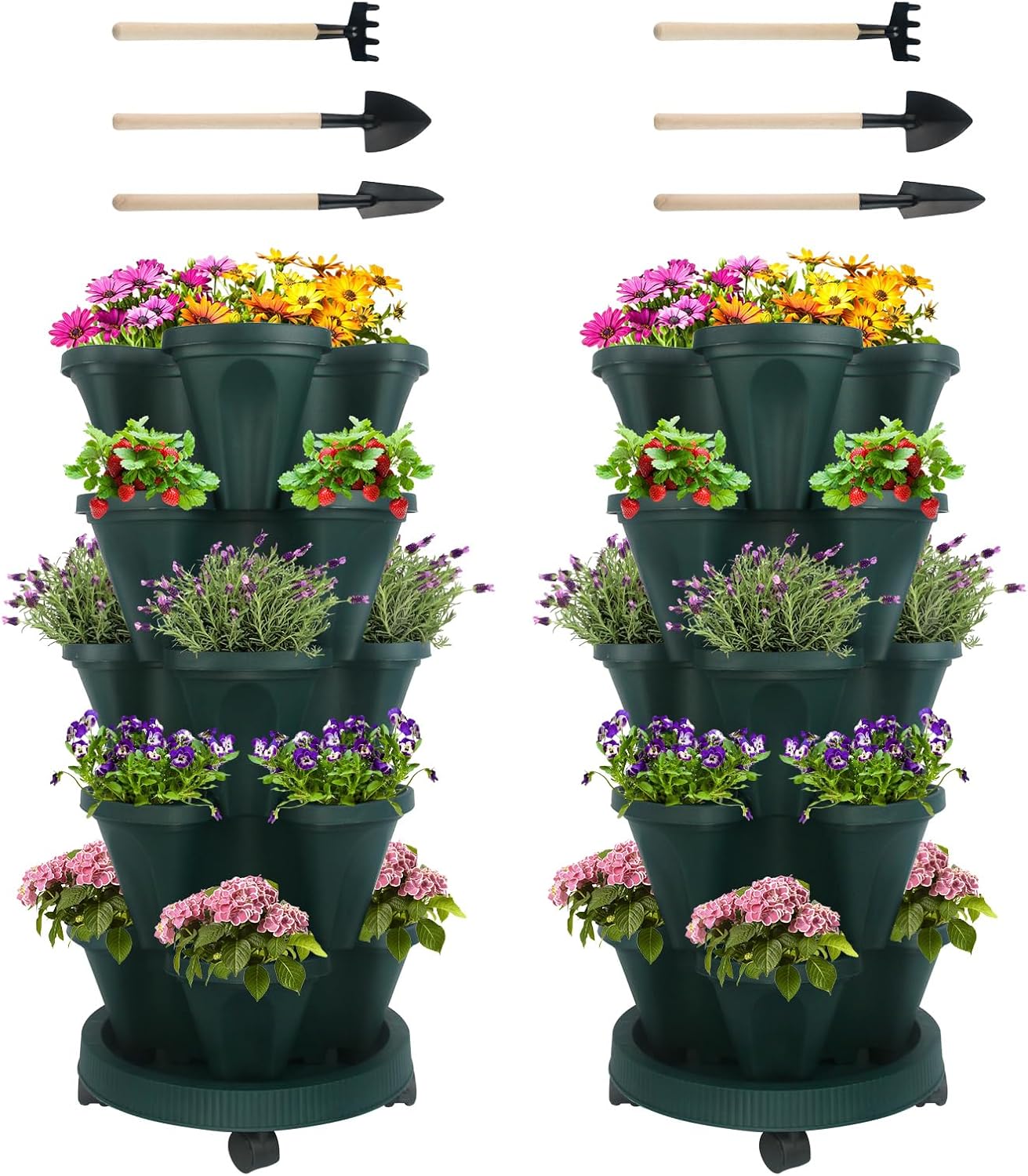 Vertical Planter 5 Tier Stackable Planters Garden Planters Strawberry Herb Flower and Vegetable Planter Indoor Outdoor Gardening Pots with Removable Wheels and Tools 2-Pack