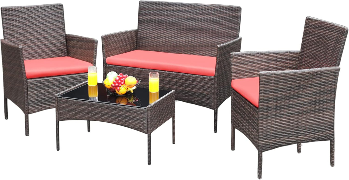 Greesum Patio Furniture 4 Pieces Conversation Sets Outdoor Wicker Rattan Chairs Garden Backyard Balcony Porch Poolside loveseat with Soft Cushion and Glass Table, Brown and Red