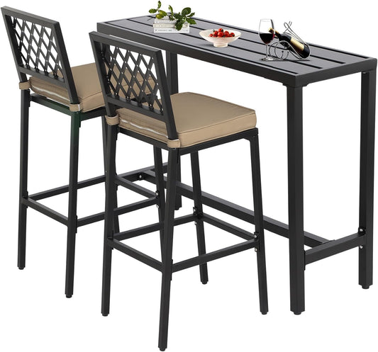 Outdoor Patio Bar Set, Bar Height Patio Dining Set, Weather-Resistant Bistro Counter Pub Set with Cushions & Slatted Tabletop for Backyard, Garden, Yard (47" Table, 2 "X Style Stool, Black)