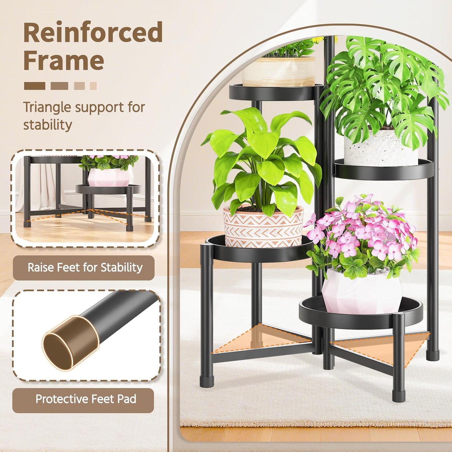 LASZOLA 5 Tiered Folding Tall Plant Stand Indoor for Multiple Large Planter, Heavy Duty Metal Adjustable Flower Rack for Narrow Corner, Sturdy Vertical Spiral Shelving Holder for Modern House, Black