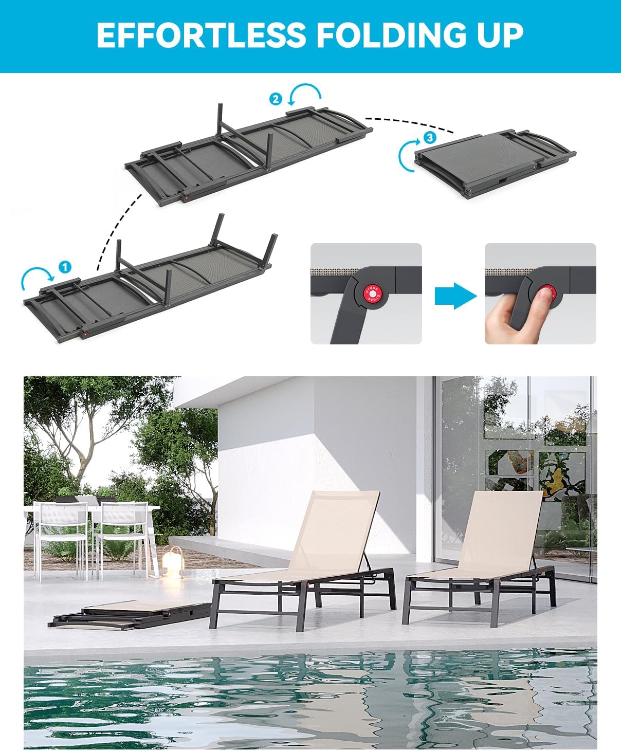 Aluminum Chaise Lounge Chair Outdoor, Foldable Patio Lounge Chair 2 Sets Assemble-Free, Pool Lounge Chairs with 5 Adjustable Backrest, Outdoor Lounge Chairs for Outside Poolside Beach Lawn Beige