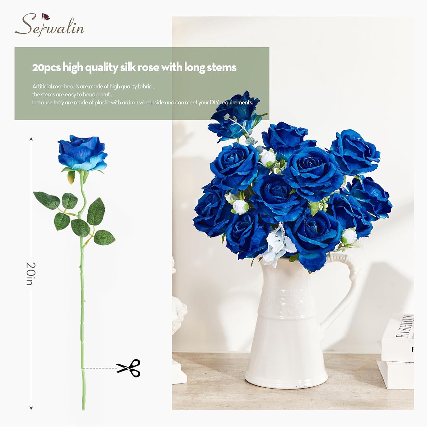 Serwalin 20pcs Artificial Roses, 4'' Big Flower Head, Blue Velvet Roses, Silk Fake Roses Long Stem Bouquet for and Wedding Arrangements Table Centerpiece