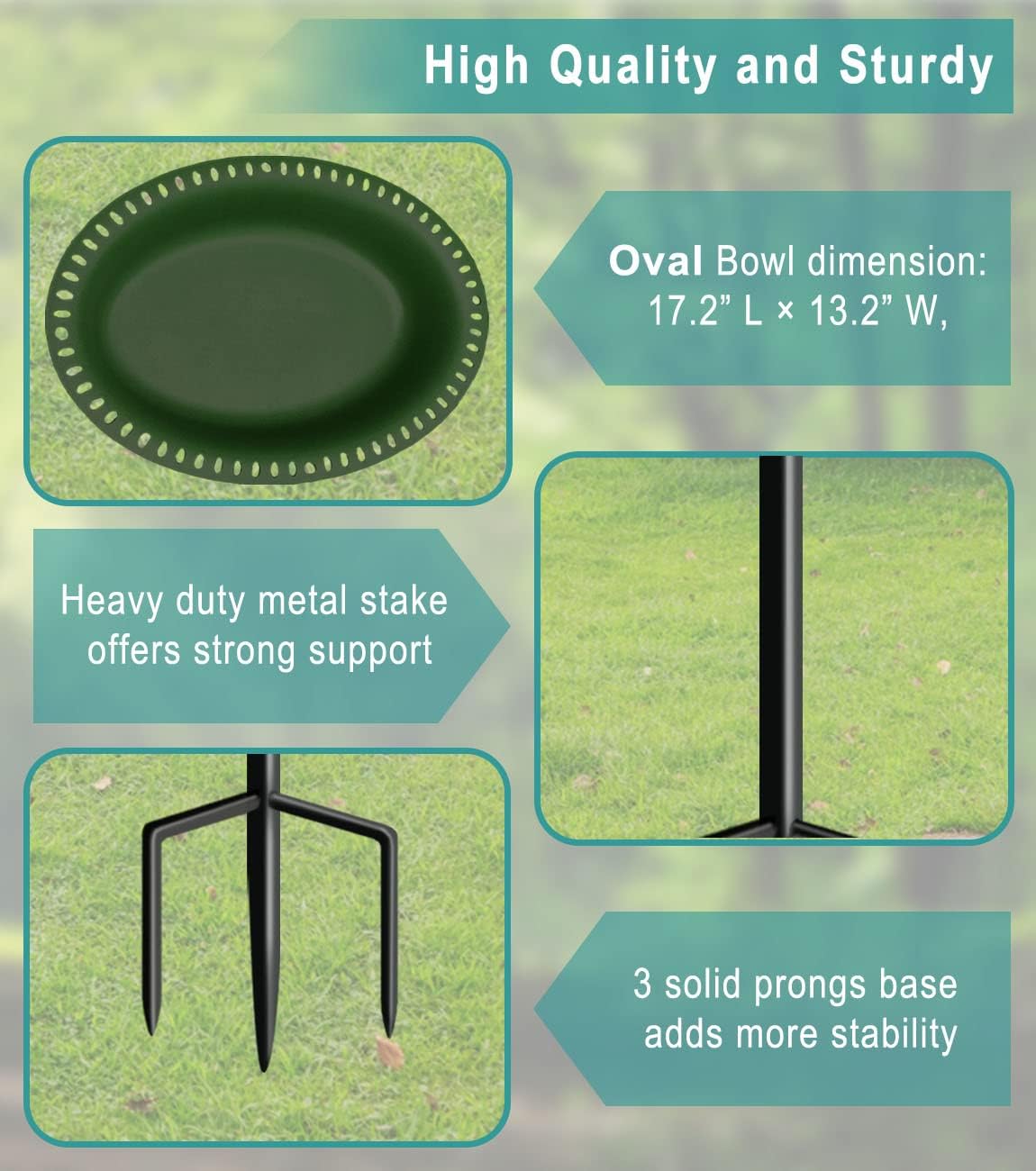 Garbuildman Extra-Large Freestanding Birdbath Bowl, Detachable Decoration Spa with Metal Stake Stand & Birdfeeder for Outdoor Garden, Oval Style, Green