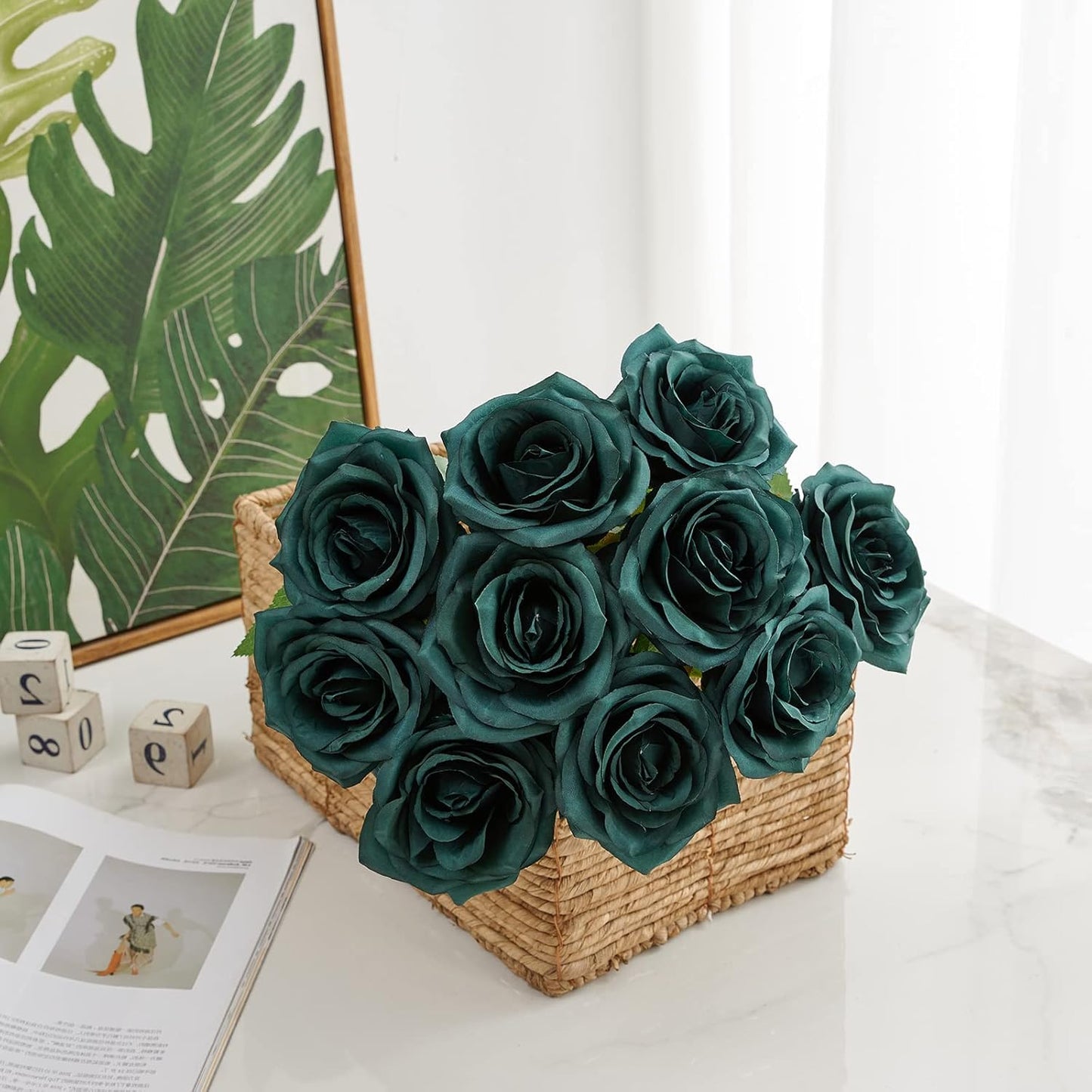 Artificial Rose 10pcs Open Flower Bouquet Faux Rose Stems for Wedding Arrangement, Bridal Bouquet, Centerpiece, Fake Faux Silk Flowers (Emerald Green)