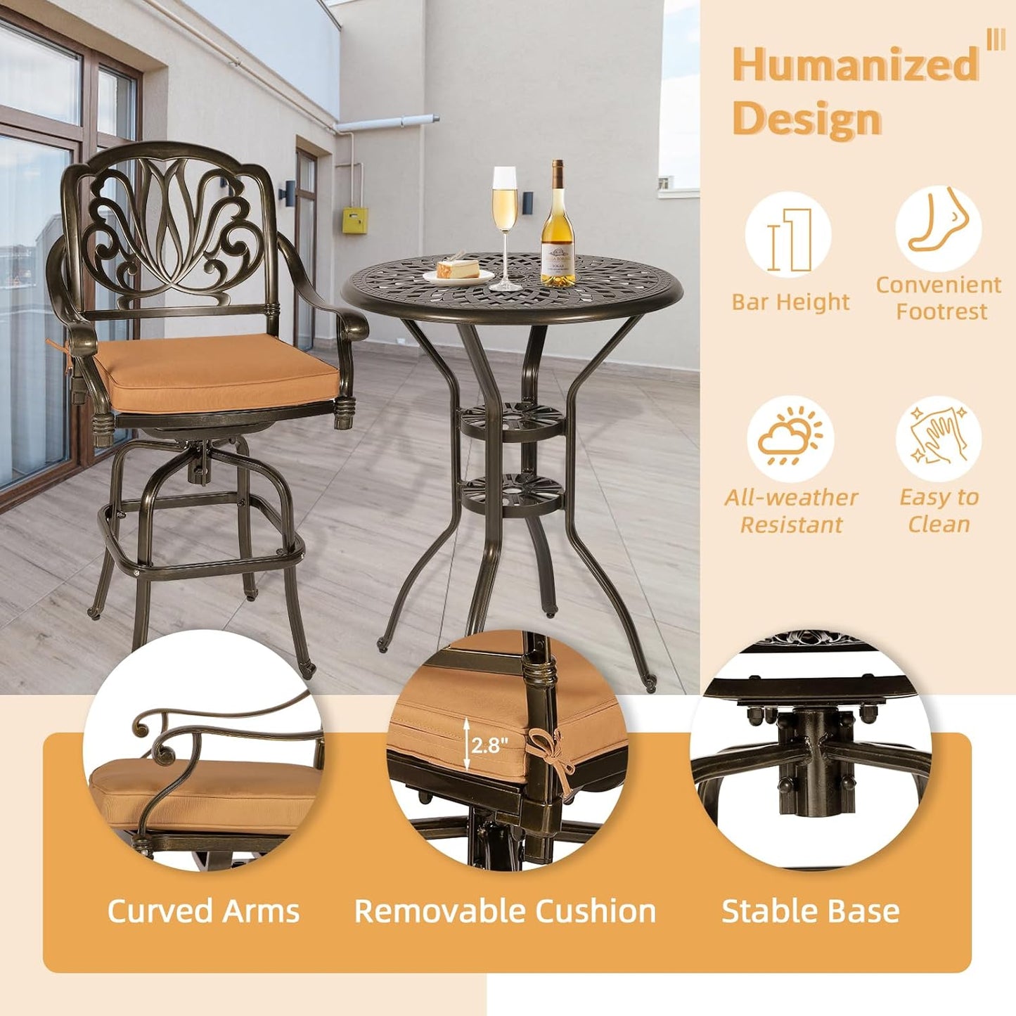 3 Pieces Patio Swivel Bar Set, Patio High Top Bar Table and Chairs Set, All-Weather Cast Aluminum High Swivel Bar Stools Chair Set of 2 and 31" Table, Patio Bistro Set for Garden, Balcony