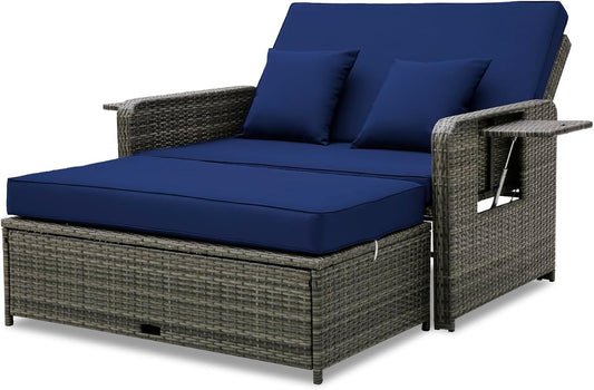 Tangkula Patio Rattan Daybed Set, Wicker Loveseat Sofa w/Multipurpose Ottoman & Retractable Side Tray, 4-Level Adjustable Backrest, Footstool w/Storage, Seat & Back Cushion Included