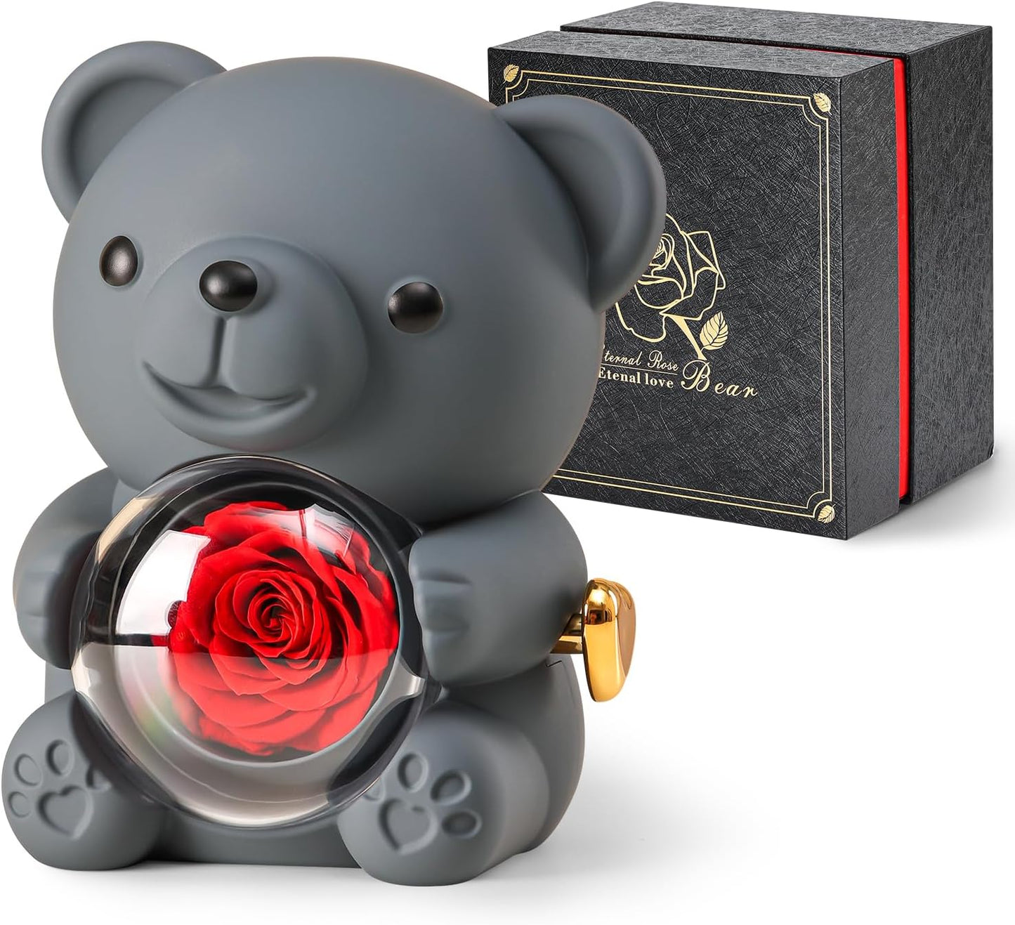 Cute Teddy Bear with Preserved Rose - A Real Rose Flower in Bear with Elegant Gift Box - Romantic Gift for Her in Mother's Day, Weddings, Anniversaries, and Bridal Showers (Grey)