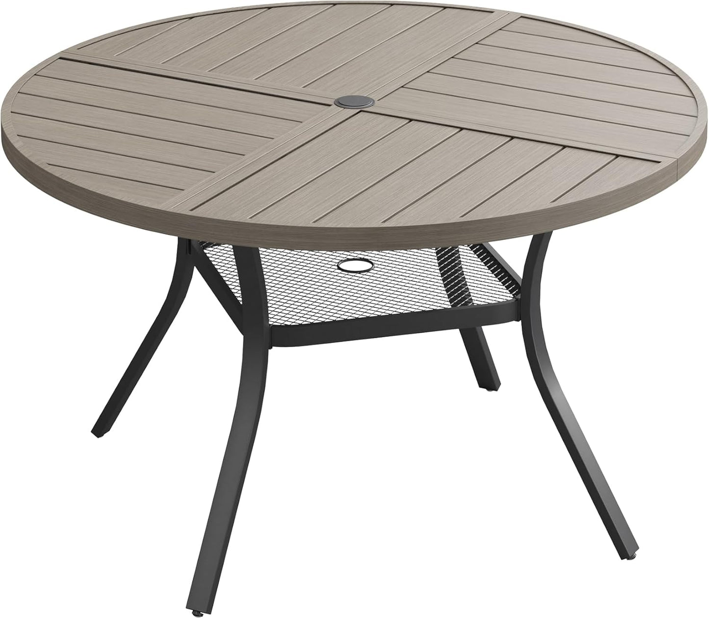 DIFY 40.6" Round Outdoor Patio Dining Table for 4, All-Weather Metal Steel Slatted Patio Table with 1.57" Adjustable Umbrella Hole, for Lawn Garden Porch Backyard, Grey Wood-Like