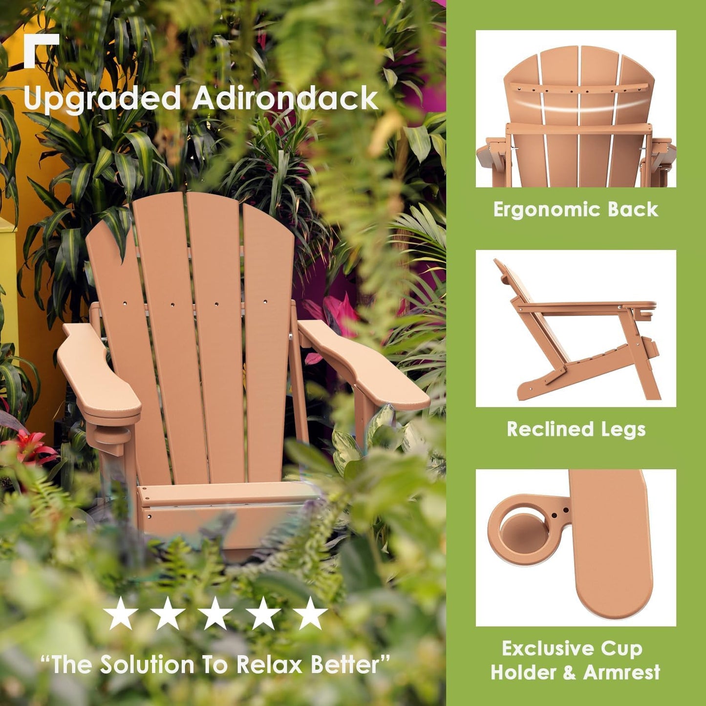 GREENVINES Folding-Adirondack-Chair | HDPE Plastic | Fire Pit Chairs | All Weather | Cup Holder | Teak | for Deck Backyard Patio Outdoor Garden