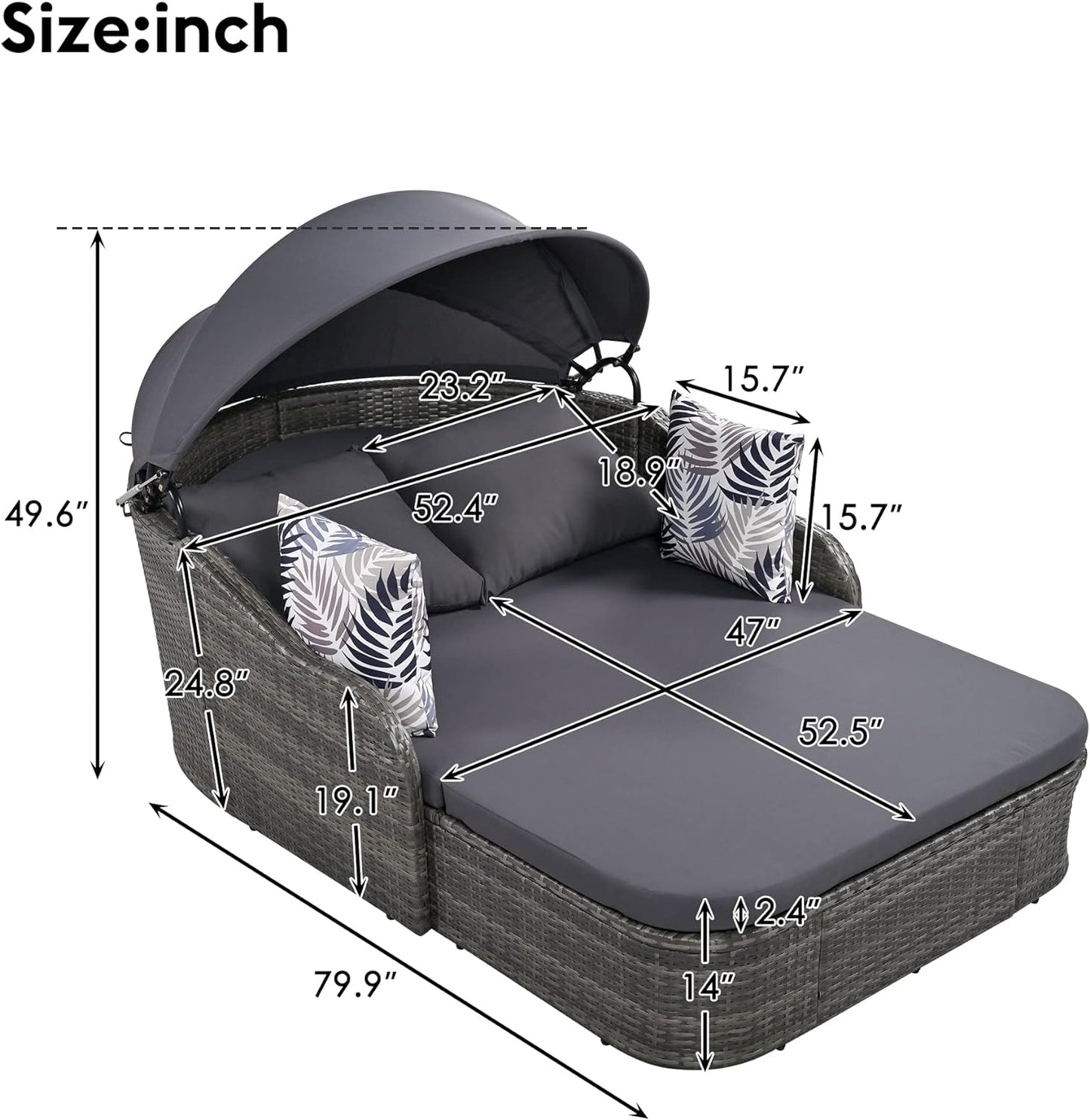 79.9" Outdoor Daybed with Retractable Canopy, PE Rattan Wicker Patio Daybed, 2-Seater Loveseat Lounge Bed Conversation Daybed, Gray Wicker Cushion