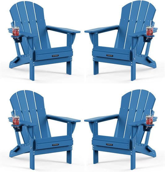 MUCHENGHY Folding Adirondack Chairs HDPE Weather Resistant 4 Pack, Patio Firepit Chairs, Sturdy Outside Chair, Lawn Chairs, 15min Assembly 380lb, Royal Blue