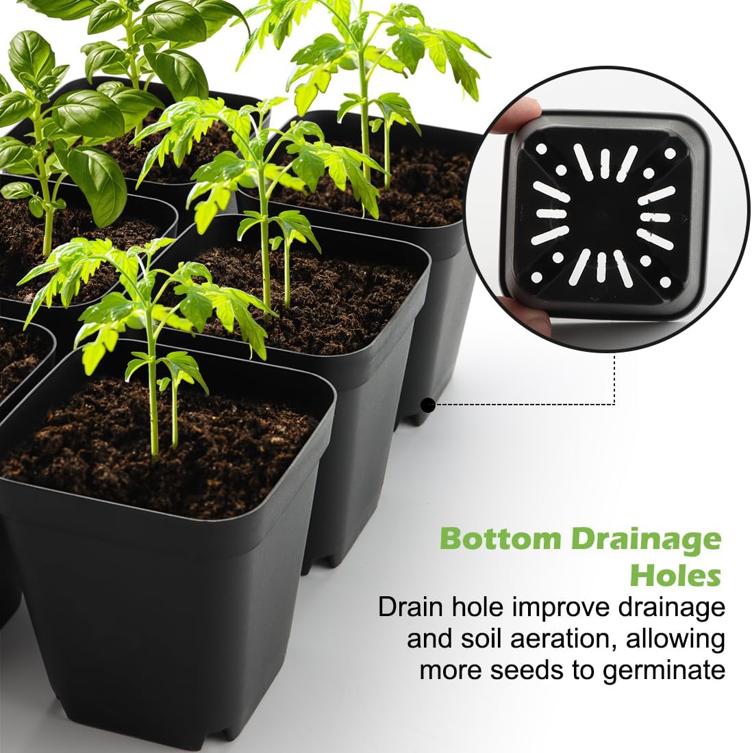 2.8 inch (7CM) Square Nursery Pots 120pcs with 5 Pack Seed Starter Trays, Durable Plastic Flat Seedling Tray (17"x11"x2") for Carrying and Holding Plant Nursery Pot (Black)