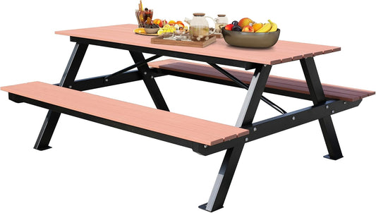 6FT Outdoor Picnic Table and Bench Set with 2" Umbrella Hole, WPC Tabletop Seattop Patio Dining Set for 6 People, Outdoor Dining Table and Chair for Park Garden Yard Patio- Brown