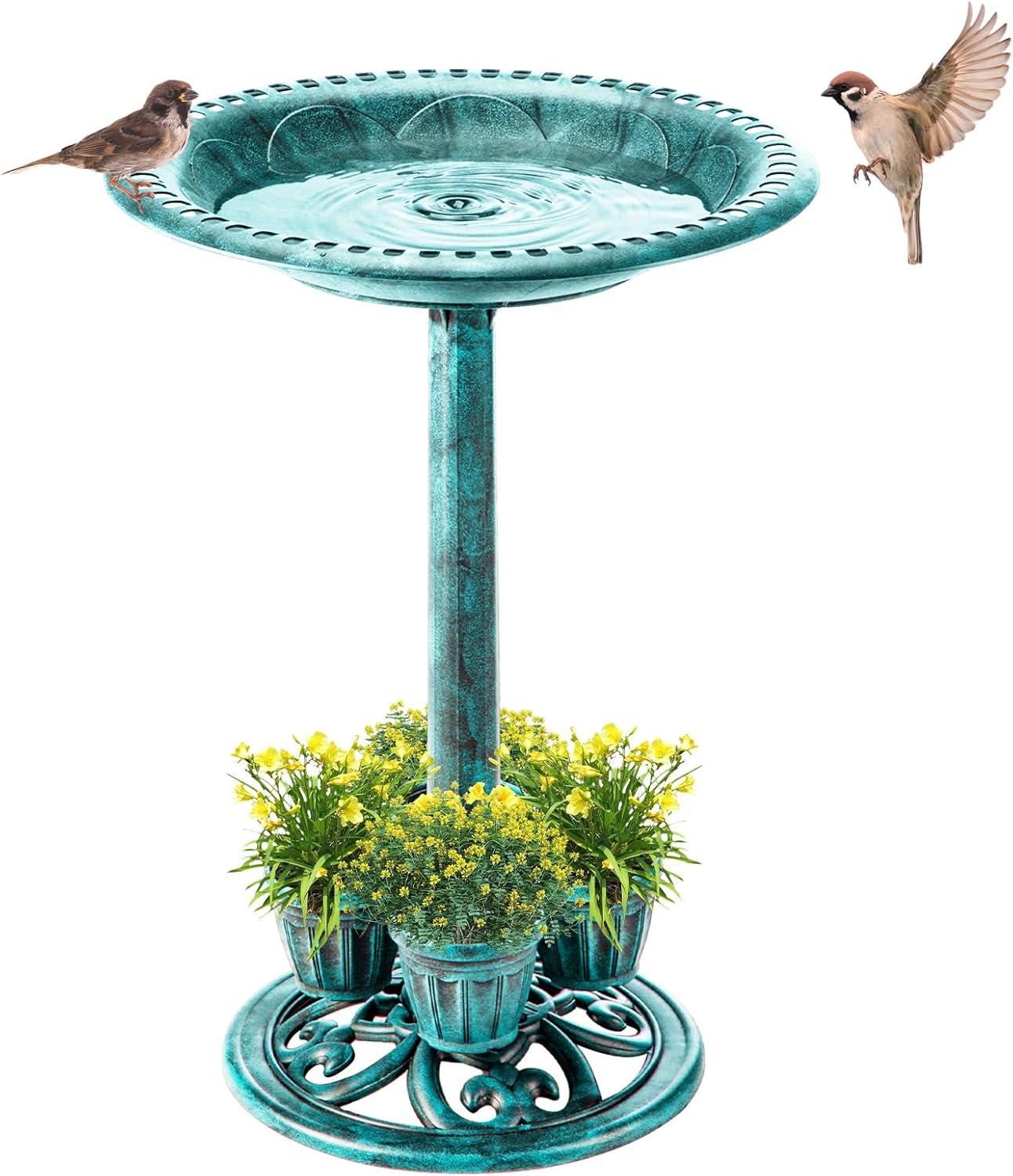 Bird Bath for Outside with 4 Removable Flower Planters 28in Polyresin Lightweight Vintage Birdbath Stake Standing Bowl and Water Feeder Yard Gardan Decor Green