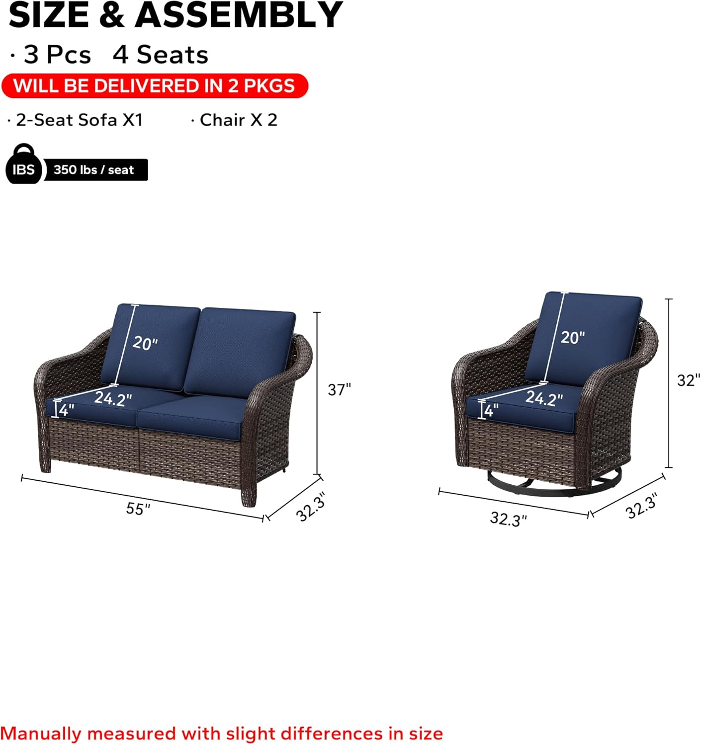 3 Pieces Patio Conversation Set, 55" Sofa with Washable Cushions, Wicker 360 Degree Swivel Glider Rocker Chairs, Wicker 2-Seat Couch for Garden, Lawn (Navy Blue)