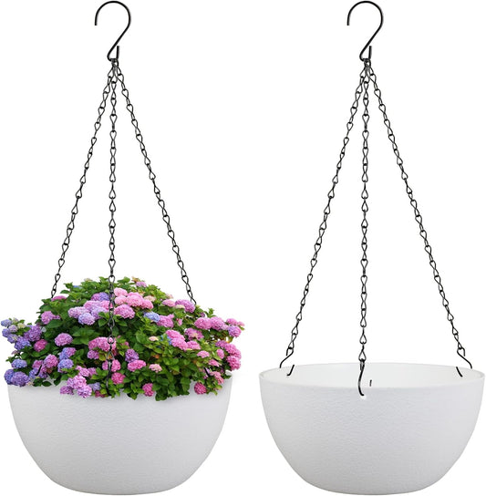 8 inch Small Hanging Planters for Indoor Outdoor Plants, 2 Pack Hanging Flower Pots with Drainage Holes and Chain for Garden Porch, Plastic Hanging Baskets for House Plants, White