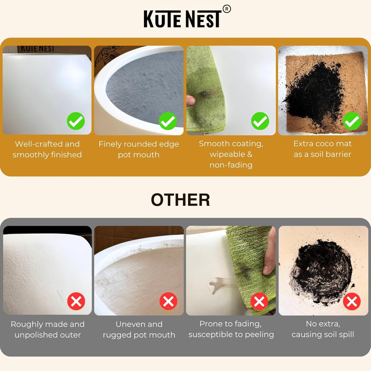 12.5"H x 11.4"D Corso Fiberstone Round Tapered Planter with Drainage Hole, Smooth Finishes, Weather Resistant for Indoor and Outdoor Use, Included 2 Extra Coco Mats (White, 9" Pot Opening)