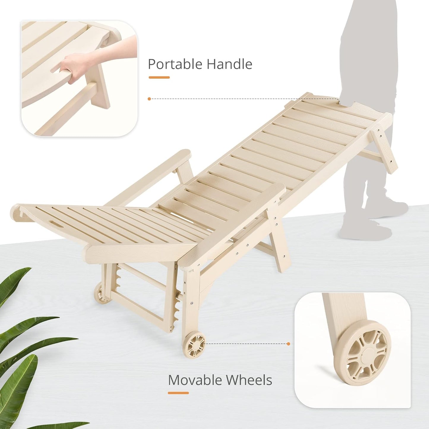 LUE BONA Chaise Lounge Chairs Set with Table, 3-Piece, 79'' Oversized HDPS Material, 5 Positions Adjustable Patio Lounge Chairs, Pool Lounge Chair with Wheels for Poolside, 3-Year Warranty, Sand